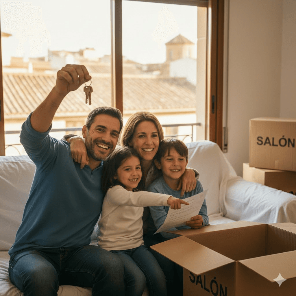 Familia feliz con llaves de su nueva casa